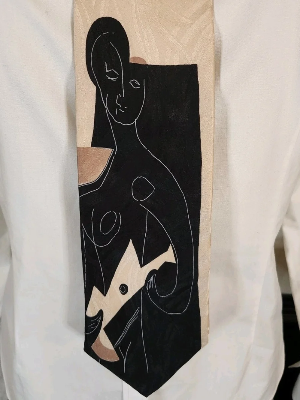 Vintage 90s Picasso Collection Silk Cream Black Tie Woman Playing Guitar Artsy